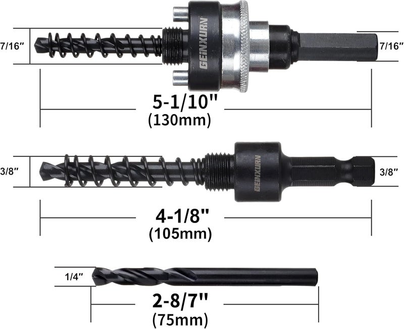 GEINXURN Heavy Duty Quick Change Hole Saw Mandrel, 7/16-Inch and 3/8 Inch Hole Saw Arbor with 3Pcs Central Drill/2PCS Hex wrench/2Pcs Spring - Image 2